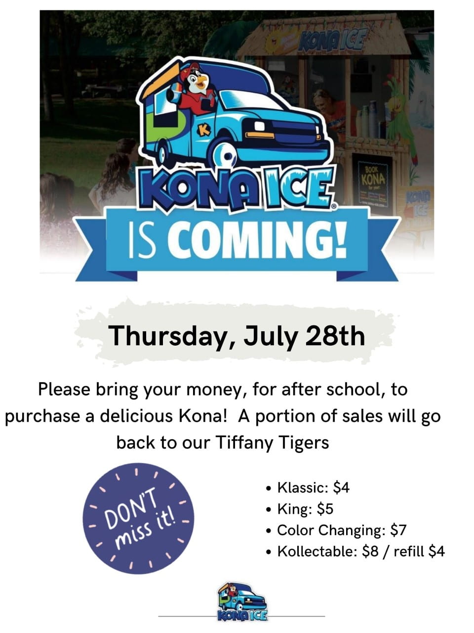 Kona Ice Tomorrow at Tiffany Park! Tiffany Elementary School